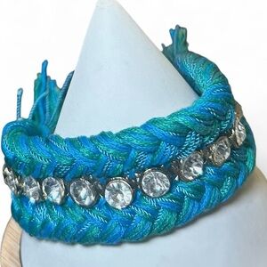 Boho Blue & Teal Chic Braided Bracelet with Rhinestones & Tassels